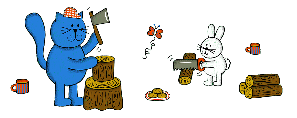 children's illustration of animal characters chopping wood